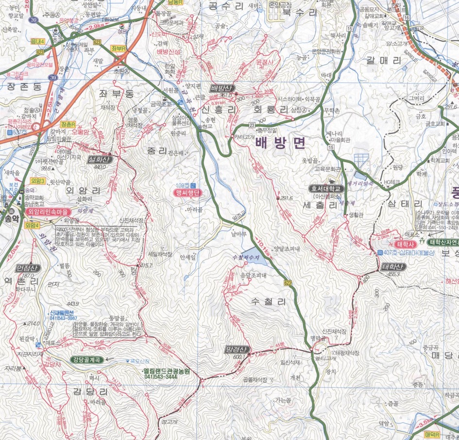 아산시 배방산, 태화산, 망경산, 설화산 산행개념도( 배태망설)